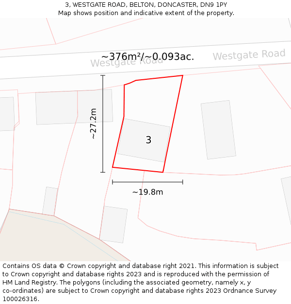 3, WESTGATE ROAD, BELTON, DONCASTER, DN9 1PY: Plot and title map