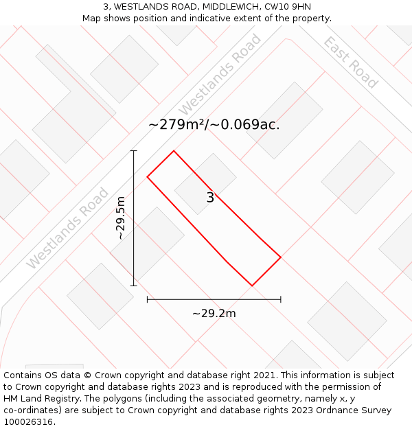 3, WESTLANDS ROAD, MIDDLEWICH, CW10 9HN: Plot and title map