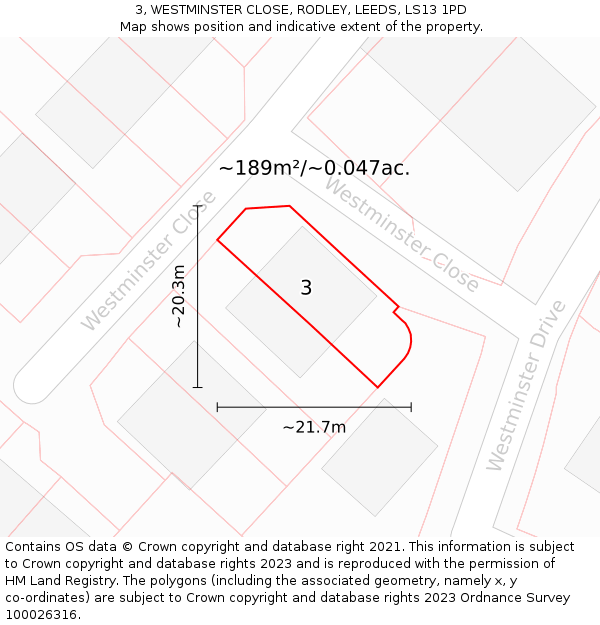 3, WESTMINSTER CLOSE, RODLEY, LEEDS, LS13 1PD: Plot and title map