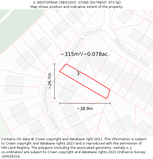 3, WESTSPRINK CRESCENT, STOKE-ON-TRENT, ST3 5JD: Plot and title map