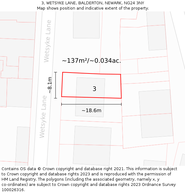 3, WETSYKE LANE, BALDERTON, NEWARK, NG24 3NY: Plot and title map