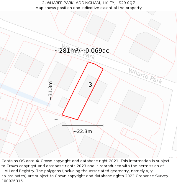 3, WHARFE PARK, ADDINGHAM, ILKLEY, LS29 0QZ: Plot and title map