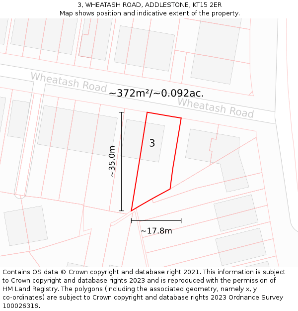3, WHEATASH ROAD, ADDLESTONE, KT15 2ER: Plot and title map
