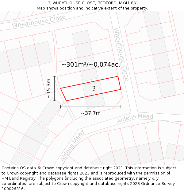 3, WHEATHOUSE CLOSE, BEDFORD, MK41 8JY: Plot and title map