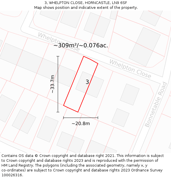 3, WHELPTON CLOSE, HORNCASTLE, LN9 6SF: Plot and title map