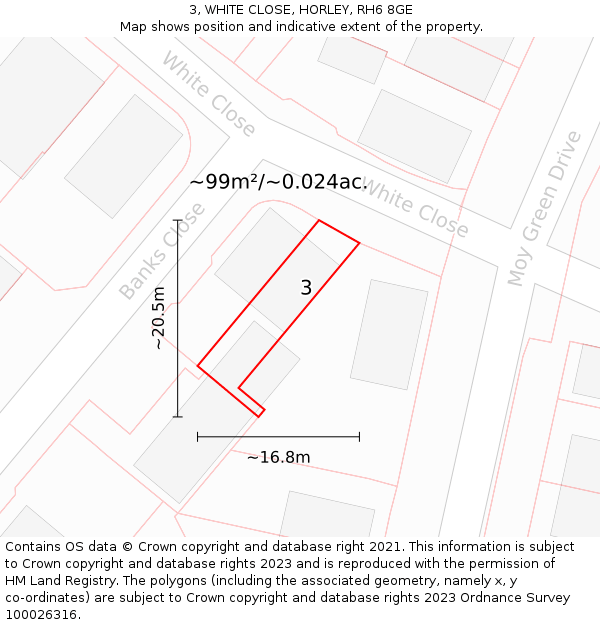 3, WHITE CLOSE, HORLEY, RH6 8GE: Plot and title map