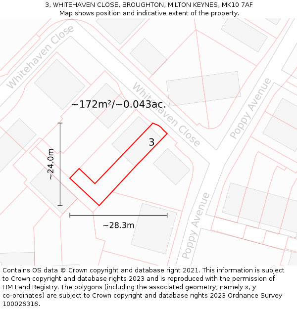 3, WHITEHAVEN CLOSE, BROUGHTON, MILTON KEYNES, MK10 7AF: Plot and title map
