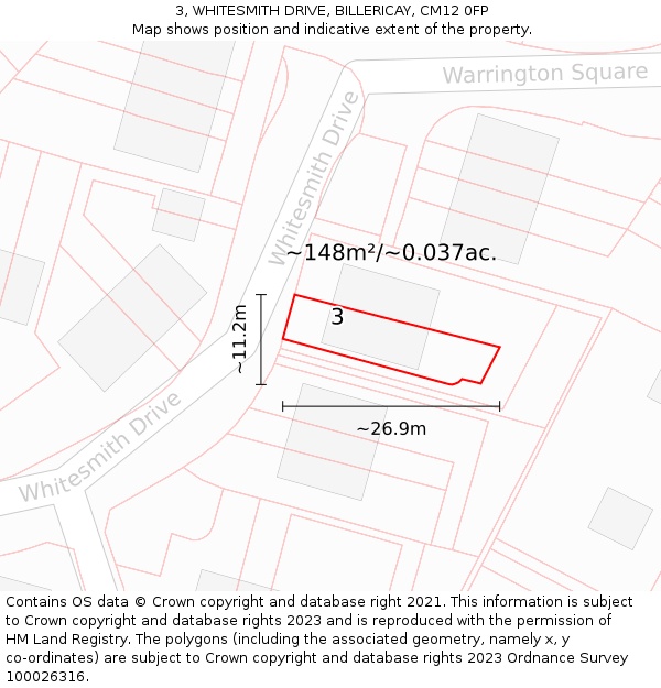3, WHITESMITH DRIVE, BILLERICAY, CM12 0FP: Plot and title map