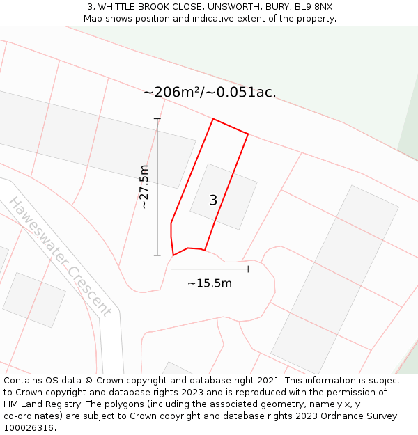 3, WHITTLE BROOK CLOSE, UNSWORTH, BURY, BL9 8NX: Plot and title map