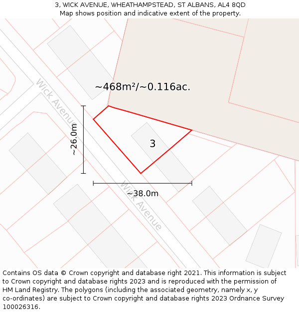 3, WICK AVENUE, WHEATHAMPSTEAD, ST ALBANS, AL4 8QD: Plot and title map