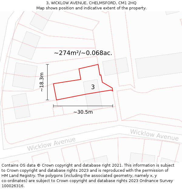 3, WICKLOW AVENUE, CHELMSFORD, CM1 2HQ: Plot and title map