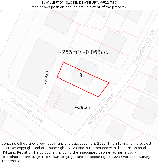 3, WILLERTON CLOSE, DEWSBURY, WF12 7SQ: Plot and title map