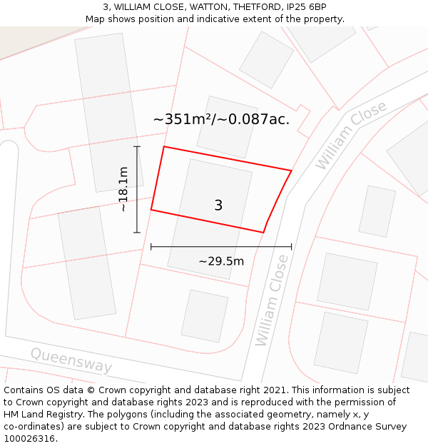 3, WILLIAM CLOSE, WATTON, THETFORD, IP25 6BP: Plot and title map