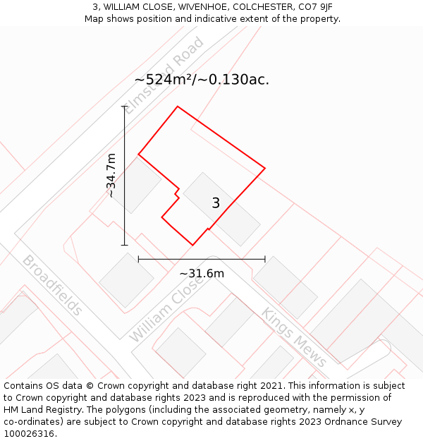 3, WILLIAM CLOSE, WIVENHOE, COLCHESTER, CO7 9JF: Plot and title map