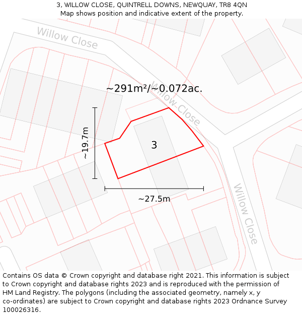 3, WILLOW CLOSE, QUINTRELL DOWNS, NEWQUAY, TR8 4QN: Plot and title map