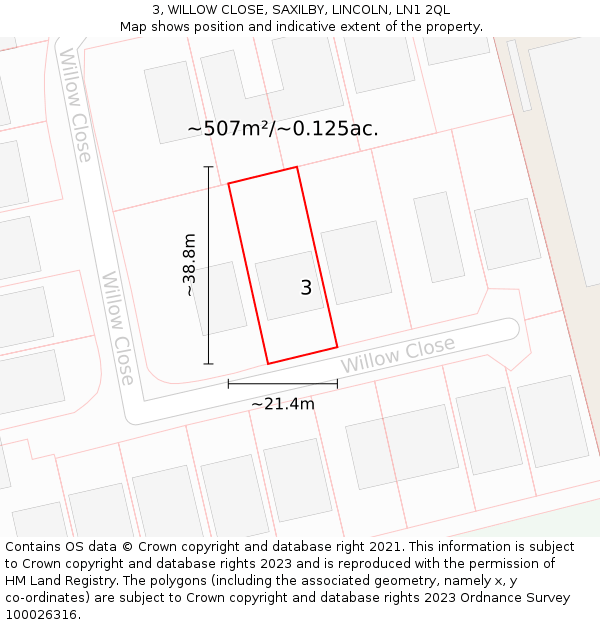 3, WILLOW CLOSE, SAXILBY, LINCOLN, LN1 2QL: Plot and title map