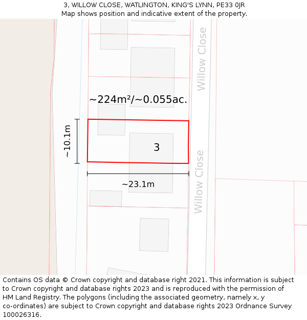 3, WILLOW CLOSE, WATLINGTON, KING'S LYNN, PE33 0JR: Plot and title map
