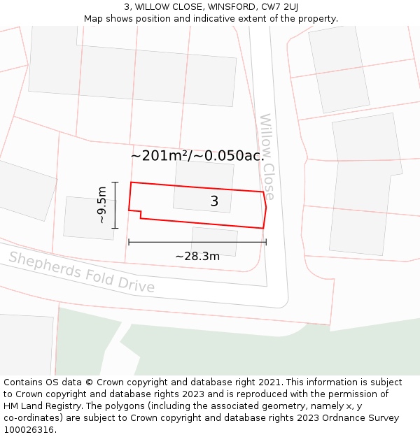 3, WILLOW CLOSE, WINSFORD, CW7 2UJ: Plot and title map