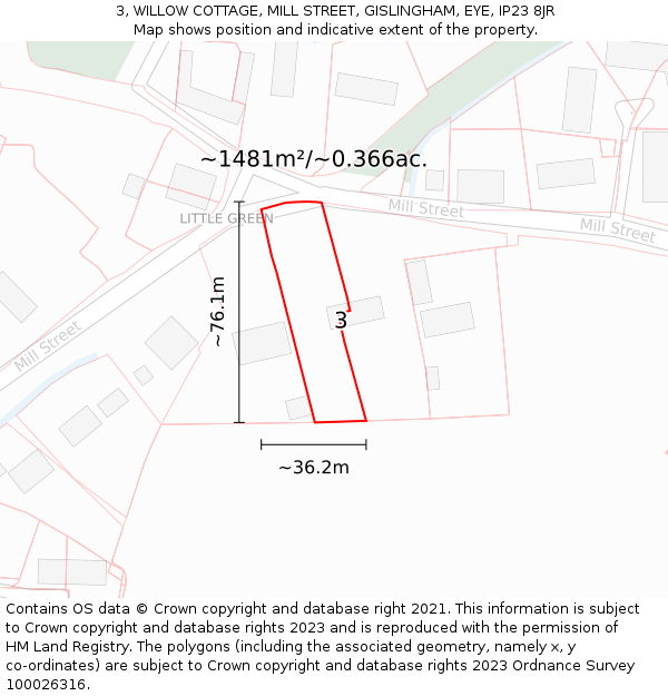 3, WILLOW COTTAGE, MILL STREET, GISLINGHAM, EYE, IP23 8JR: Plot and title map