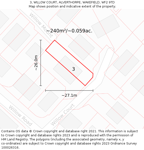 3, WILLOW COURT, ALVERTHORPE, WAKEFIELD, WF2 9TD: Plot and title map