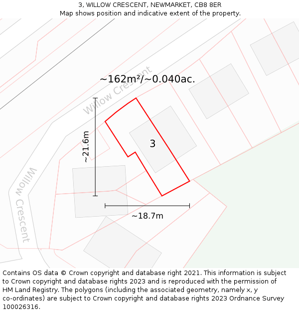 3, WILLOW CRESCENT, NEWMARKET, CB8 8ER: Plot and title map