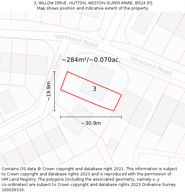 3, WILLOW DRIVE, HUTTON, WESTON-SUPER-MARE, BS24 9TJ: Plot and title map