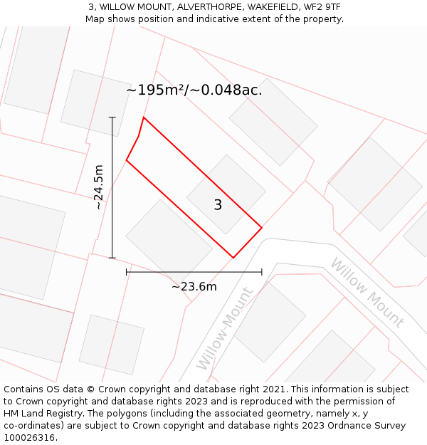 3, WILLOW MOUNT, ALVERTHORPE, WAKEFIELD, WF2 9TF: Plot and title map