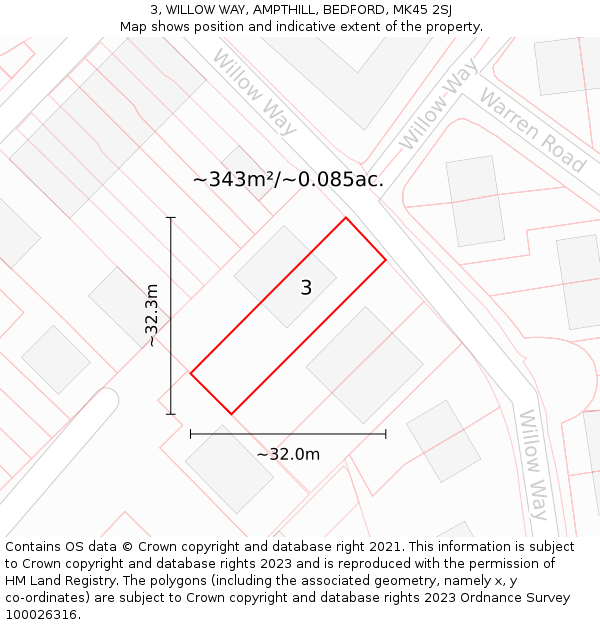 3, WILLOW WAY, AMPTHILL, BEDFORD, MK45 2SJ: Plot and title map