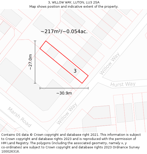 3, WILLOW WAY, LUTON, LU3 2SA: Plot and title map