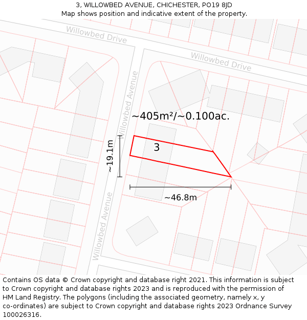 3, WILLOWBED AVENUE, CHICHESTER, PO19 8JD: Plot and title map