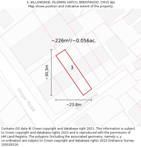 3, WILLOWDENE, PILGRIMS HATCH, BRENTWOOD, CM15 9JQ: Plot and title map