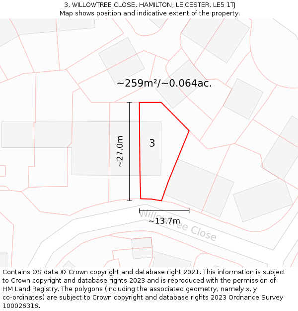 3, WILLOWTREE CLOSE, HAMILTON, LEICESTER, LE5 1TJ: Plot and title map