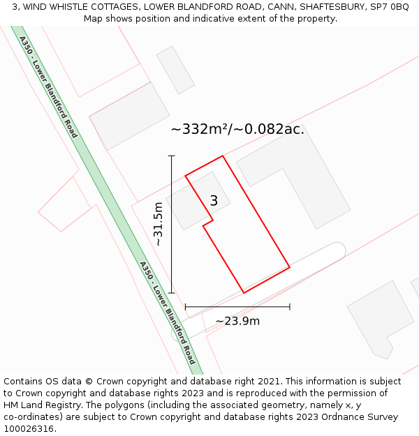 3, WIND WHISTLE COTTAGES, LOWER BLANDFORD ROAD, CANN, SHAFTESBURY, SP7 0BQ: Plot and title map