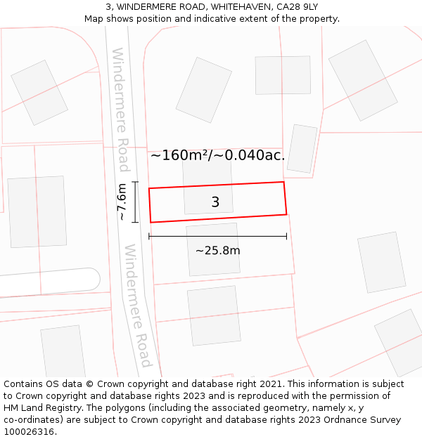 3, WINDERMERE ROAD, WHITEHAVEN, CA28 9LY: Plot and title map