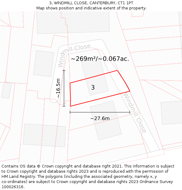 3, WINDMILL CLOSE, CANTERBURY, CT1 1PT: Plot and title map