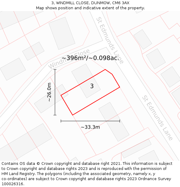 3, WINDMILL CLOSE, DUNMOW, CM6 3AX: Plot and title map