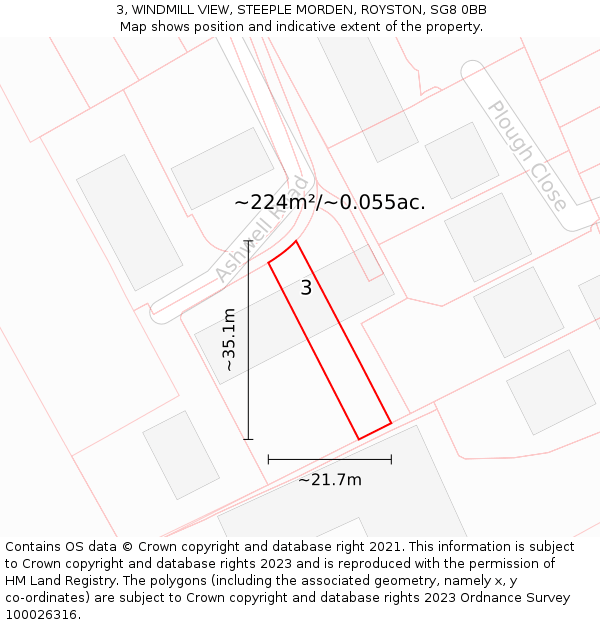 3, WINDMILL VIEW, STEEPLE MORDEN, ROYSTON, SG8 0BB: Plot and title map