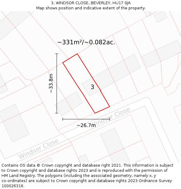 3, WINDSOR CLOSE, BEVERLEY, HU17 0JA: Plot and title map