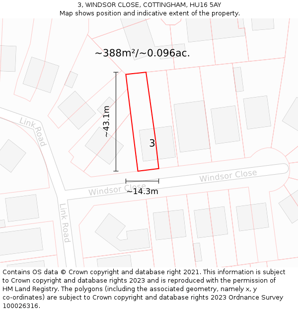 3, WINDSOR CLOSE, COTTINGHAM, HU16 5AY: Plot and title map