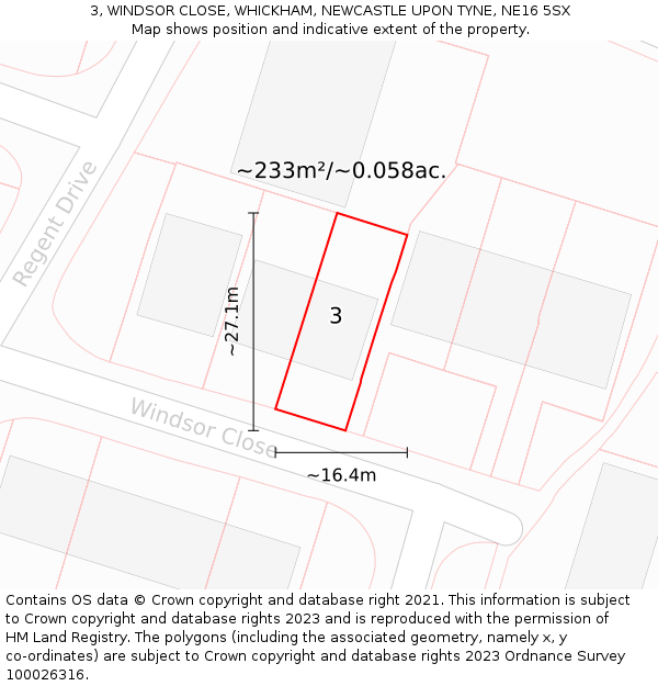 3, WINDSOR CLOSE, WHICKHAM, NEWCASTLE UPON TYNE, NE16 5SX: Plot and title map