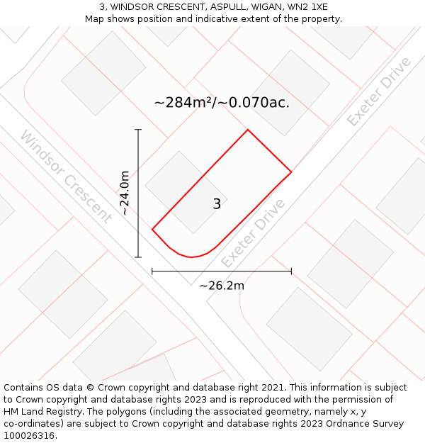 3, WINDSOR CRESCENT, ASPULL, WIGAN, WN2 1XE: Plot and title map
