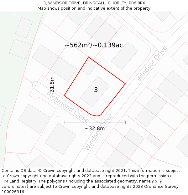 3, WINDSOR DRIVE, BRINSCALL, CHORLEY, PR6 8PX: Plot and title map