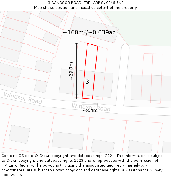 3, WINDSOR ROAD, TREHARRIS, CF46 5NP: Plot and title map