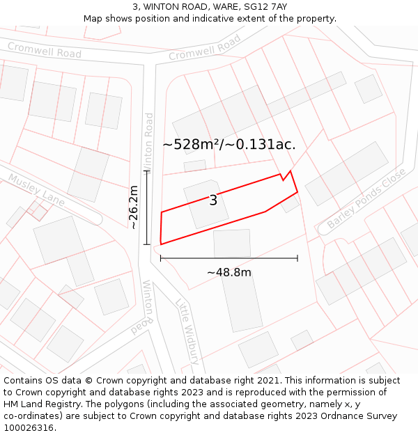 3, WINTON ROAD, WARE, SG12 7AY: Plot and title map
