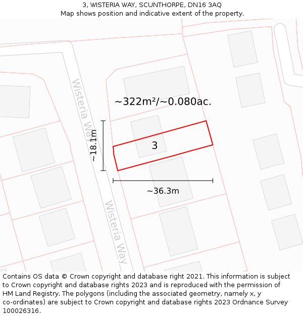 3, WISTERIA WAY, SCUNTHORPE, DN16 3AQ: Plot and title map