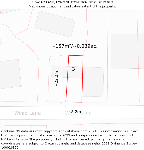 3, WOAD LANE, LONG SUTTON, SPALDING, PE12 9LD: Plot and title map