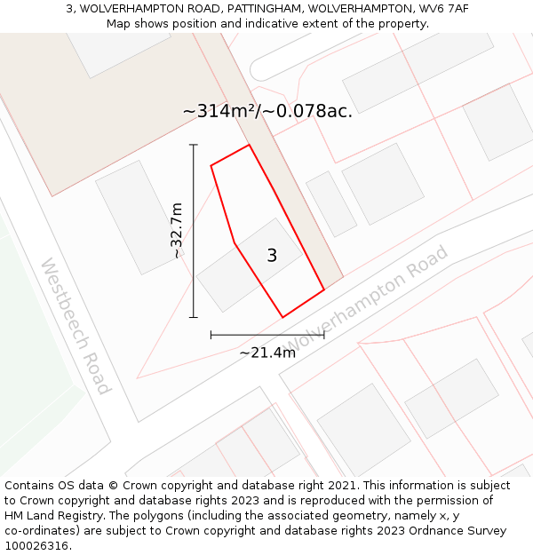 3, WOLVERHAMPTON ROAD, PATTINGHAM, WOLVERHAMPTON, WV6 7AF: Plot and title map