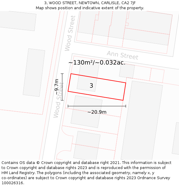 3, WOOD STREET, NEWTOWN, CARLISLE, CA2 7JF: Plot and title map