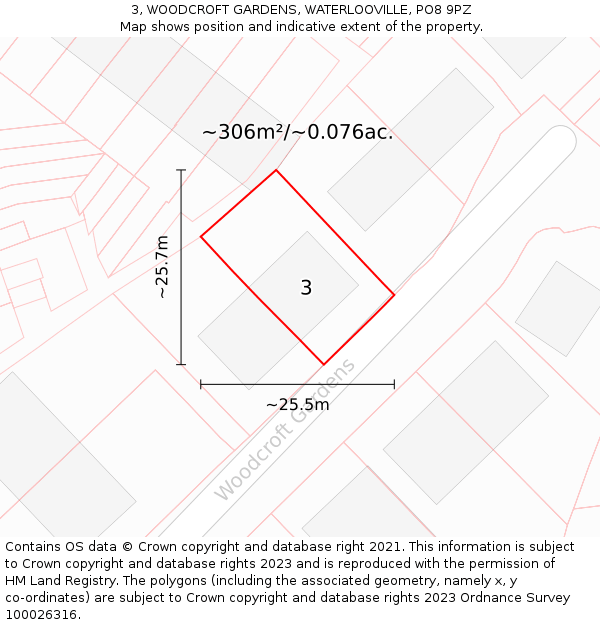 3, WOODCROFT GARDENS, WATERLOOVILLE, PO8 9PZ: Plot and title map