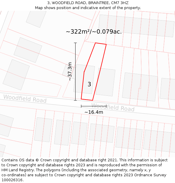 3, WOODFIELD ROAD, BRAINTREE, CM7 3HZ: Plot and title map